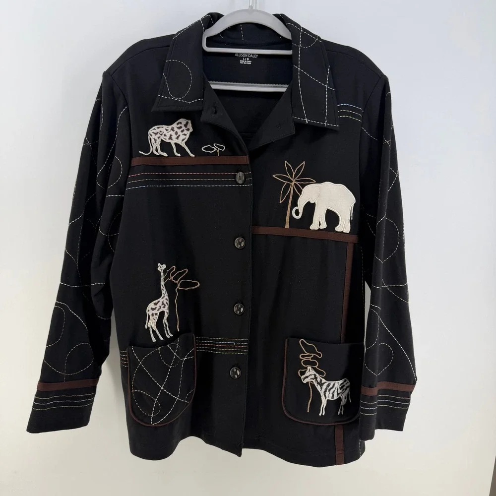 Allison Daley Safari Animal Jacket Womens Large Black Embroidered Novelty Art